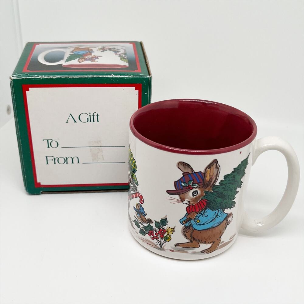 New In Box 1990 Creative Concepts Christmas Animal Mug - Rabbit Raccoon Squirr